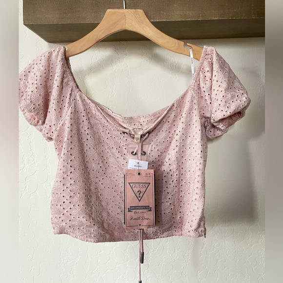 Guess| Beatrix Square Neck Eyelet Crop Top w Puff Sleeve & Tie Detail•••Size M - Picture 9 of 16